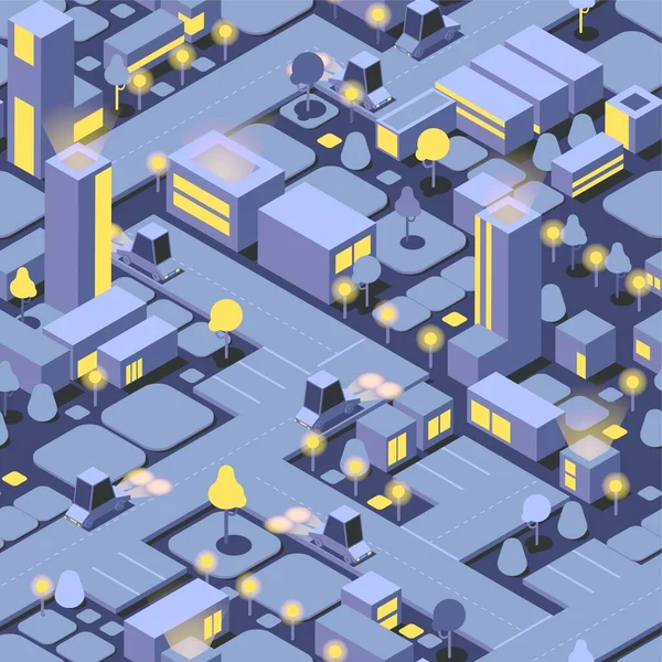 Seamless pattern with city, cars and trees, yellow lightning and blue buildings. Vector illustration.