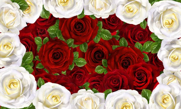 Roses Art Design . Frame made roses, green leaves Valentine\'s background with roses. Valentines day card concept.