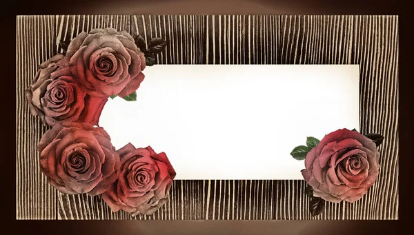 Red Rose Frame Wooden Board Valentine Day Concept — Stock Photo, Image