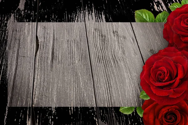 Red Rose Frame Wooden Board Valentine Day Concept — Stock Photo, Image