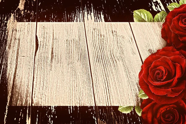 Rode Roos Frame Een Houten Plank Valentijnsdag Concept — Stockfoto