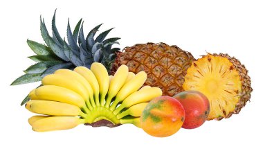 Ananas, muz ve mango kırpma yolu ile beyaz arka plan üzerinde izole