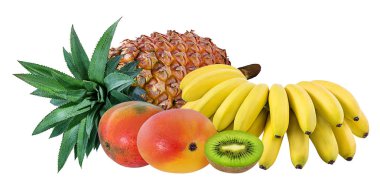 Ananas, muz, kivi ve mango kırpma yolu ile beyaz arka plan üzerinde izole