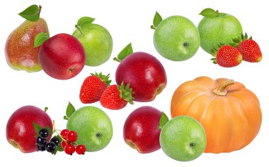 Kabaklar, çilek, frenk üzümü ve beyaz arka plan üzerinde izole elma