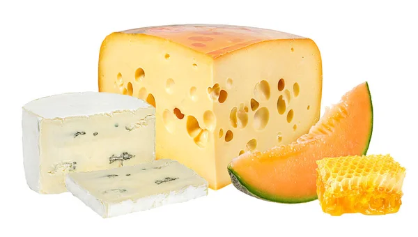 Various Types Cheese Honey Melon Isolated White Background — Stock Photo, Image