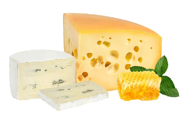 Various Types Cheese Honey Mint Isolated White Background — Stock Photo, Image