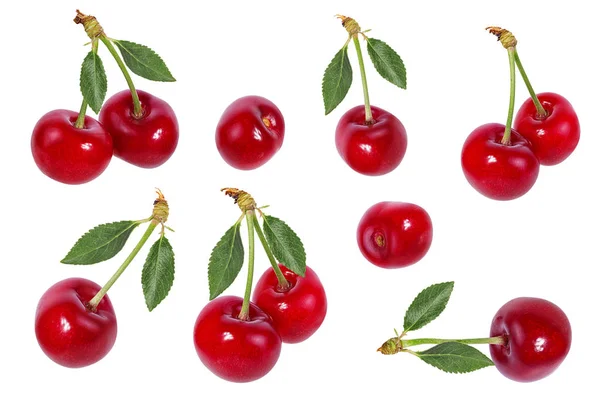 Cherry Dengan Daun Terisolasi Latar Belakang Putih — Stok Foto