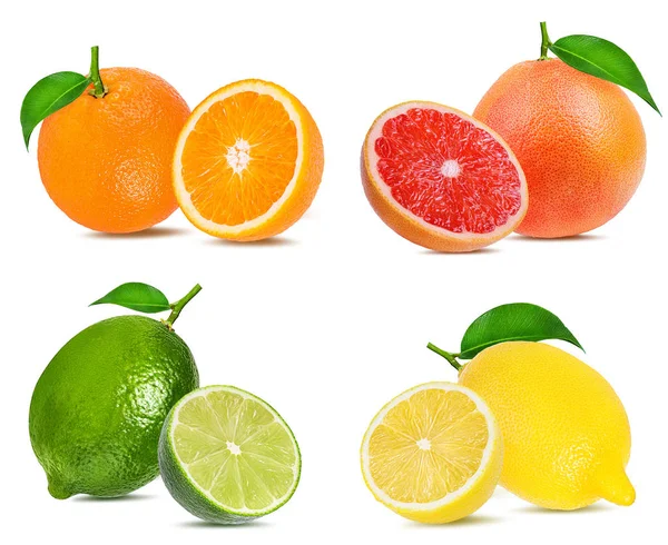 Citrus Fruit Instellen Sinaasappel Grapefruit Limoen Citroen Geïsoleerd Witte Achtergrond — Stockfoto