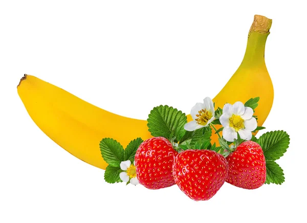 Μπανάνες Και Φράουλες Που Απομονώνονται Γουίτ — Φωτογραφία Αρχείου