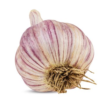 Beyaz arkaplanda sarımsak izole edilmiş.