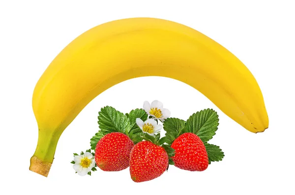 在白色上分离的香蕉和草莓 — 图库照片