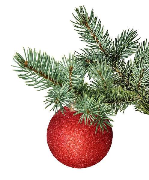 Kerst Bal Opknoping Lint Geïsoleerd Een Witte Kerstboom — Stockfoto