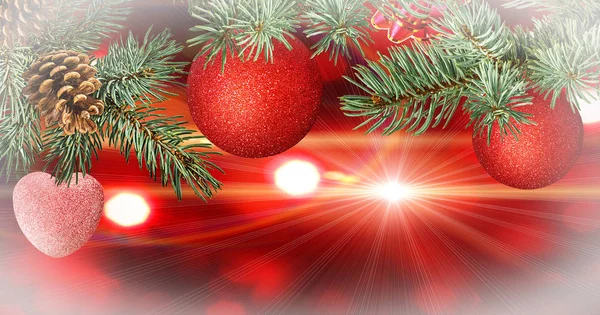 Christmas Ball Hanging Ribbon Christmas Tree Holiday Bokeh Abstract Background — Stock Photo, Image