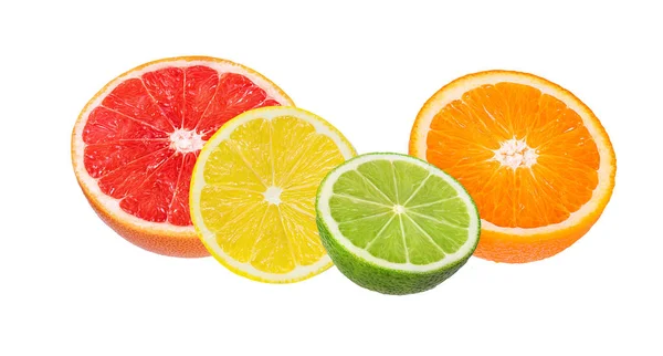 Conjunto Frutas Cítricas Naranja Pomelo Lima Limón Aislado Sobre Fondo —  Fotos de Stock