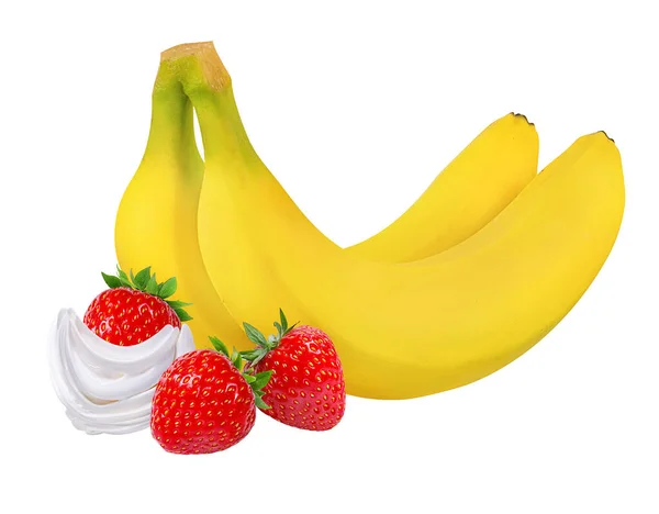 用白色隔开的香蕉和草莓 — 图库照片