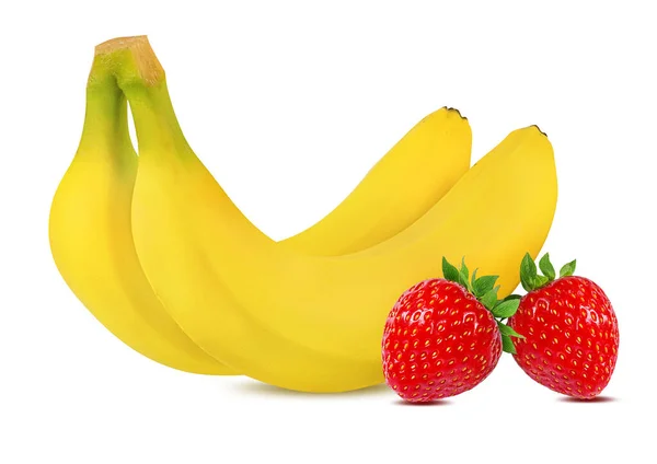 Banány Jahody Izolované Bílém — Stock fotografie