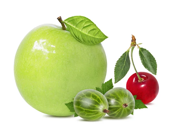 Jablko Angrešt Třešeň Bílém Pozadí — Stock fotografie