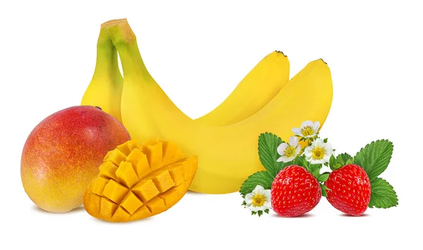 Banany Mango Truskawki Izolowane Białym — Zdjęcie stockowe