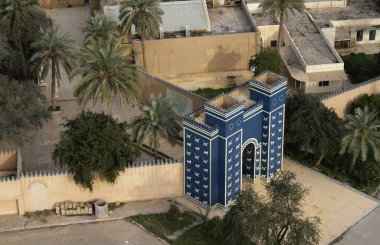 Aerial view of the replica of the Ishtar gate at the entrance of Babylon, Iraq. clipart