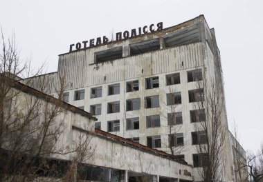 Hotel Polissya ghost Town içinde Pripyat Çernobil dışlama bölgesi, Ukrayna.