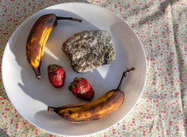 Şımarık, eski küflü yiyecekler beyaz yuvarlak tabakta.