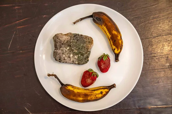 Şımarık, eski küflü yiyecekler beyaz yuvarlak tabakta.