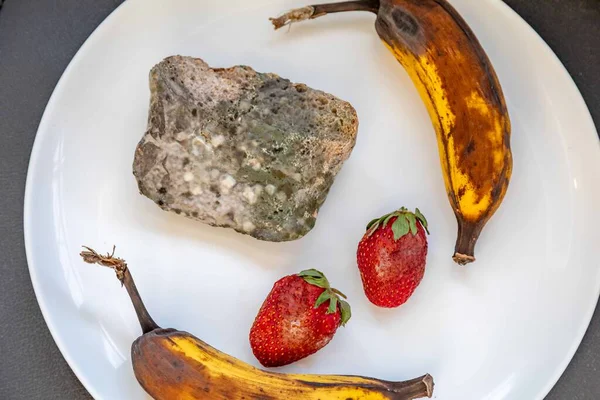 Şımarık, eski küflü yiyecekler beyaz yuvarlak tabakta.