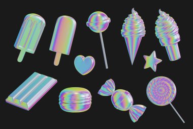 Holografik şeker tatlı unsuru nesne paketi izole arkaplan 3d görüntüleme