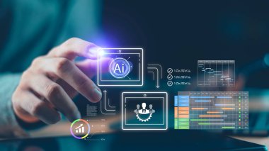 İş yönetimi, proje planlaması ve otomasyon, verimlilik ve yenilikçi dijital dönüşüm ile veri güdümlü çözümlerde yapay zeka kavramı.