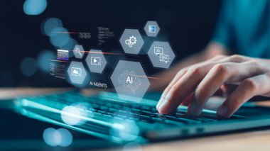 Yapay zeka ajanları, makine öğrenimi, büyük veriler, modern teknoloji konseptinde dijital otomasyon, yeni nesil iş çözümleri, veri analizleri, yapay zeka odaklı otomasyon, yenilikçi