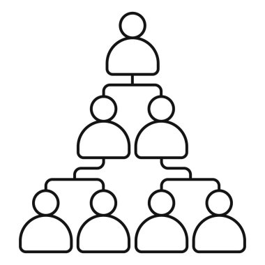 Lider ve takım üyeleriyle bir iş hiyerarşisi çizelgesini temsil eden asgari çizgi sanat simgesi. İş hiyerarşisi şeması. Şirket takım yapısı. Piramit liderlik kavramı. Örgütsel yapı şeması. Şirket yönetim seviyeleri