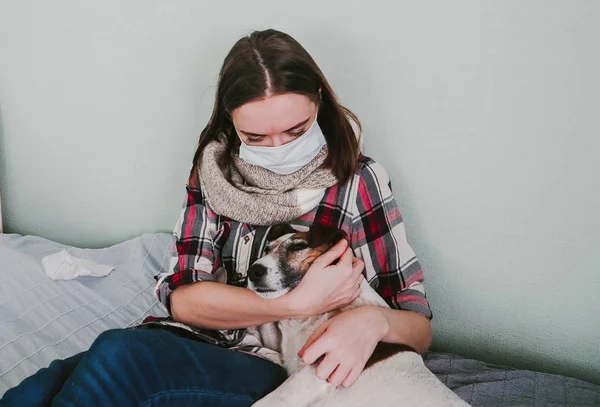 Eine junge Frau in medizinischer Maske und Streicheln eines Hundes leidet zu Hause an Allergien Stockbild