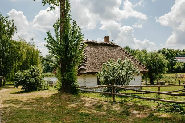 Stary drewniany dom ze słomianym dachem i ogrodem — Zdjęcie stockowe