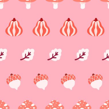 Sonbahar meşe palamudu, mantar ve yapraklarla kusursuz pembe arka plan deseni. Çocuk giyim, kırtasiye, kumaş ve sonbahar ambalajları için neşeli orman vektör çizimi. Sevimli mevsimlik tasarım