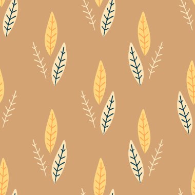 Sonbahar yaprakları kahverengi arka planı tekrarlar. Vektör çizimi. Sıcak kahverengi zemin üzerinde sarı sonbahar yaprakları olan rahat ve pürüzsüz desen mevsimlik projeler için mükemmel kağıt kırtasiyeleri ve dekoratif tasarımlar.