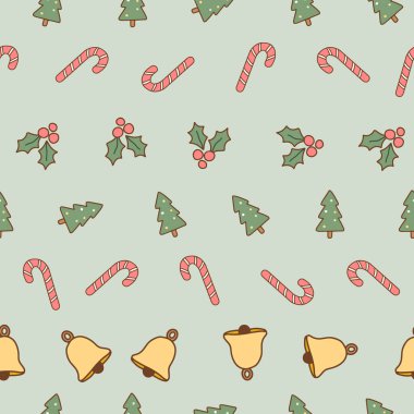 Ağaçlı ve süslü şirin pastel bayram desenleri. Çocuk giyimi, hediye paketi ve şenlik tasarım projeleri için mükemmel. Kusursuz ağaç süsü deseni. Vektör illüstrasyonu