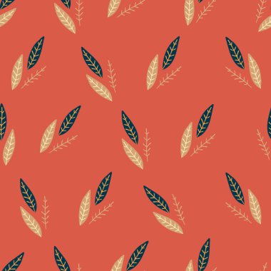 Kusursuz yapraklar ve turuncu arka planda koyu yapraklar. Vektör çizimi. Koyu kırmızı arka planda koyu yapraklı motifler içeren zarif desenler moda tekstil duvar kağıtları kırtasiyesi ve modern dekoratif projeleri için mükemmel.