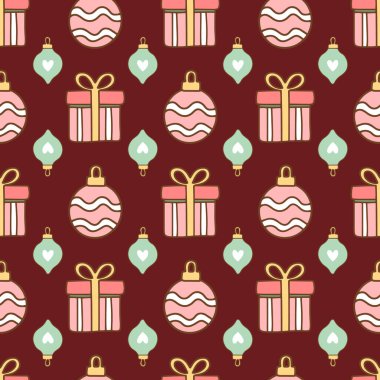 Ağaçlı ve süslü şirin pastel bayram desenleri. Çocuk giyimi, hediye paketi ve şenlik tasarım projeleri için mükemmel. Kusursuz ağaç süsü deseni. Vektör illüstrasyonu