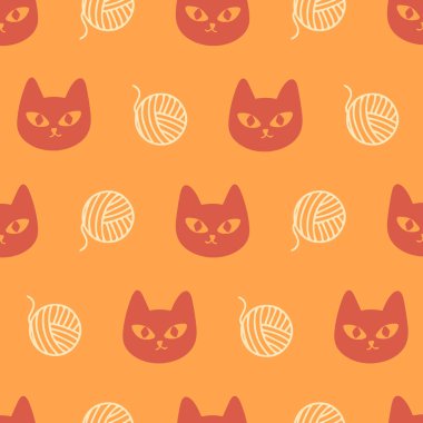 Turuncu kedi yüzleri ve sıcak turuncu arka planda ipliklerle süslenmiş eğlenceli, pürüzsüz desenler. Çocuk tasarımları, kumaşlar, duvar kağıtları, hediye paketleri, kırtasiye, ambalaj ve eğlenceli projeler için ideal.