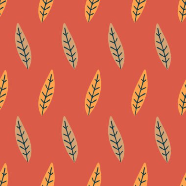 Turuncu arka planda sarı renkli yaprakların kusursuz yinelenen deseni. Mevsimlik projeler, kumaş, duvar kağıdı, ambalaj, kırtasiye ve dekoratif sonbahar temaları için harika.