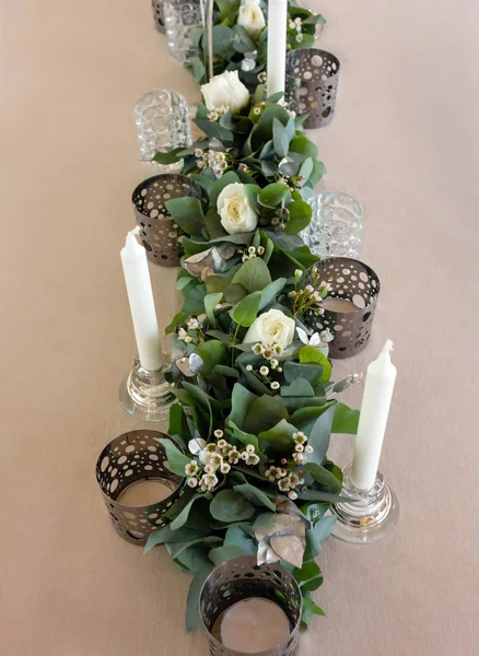 Elegant Wedding Floral Decoration White Candles Roses Eucalyptus — Stock Photo, Image