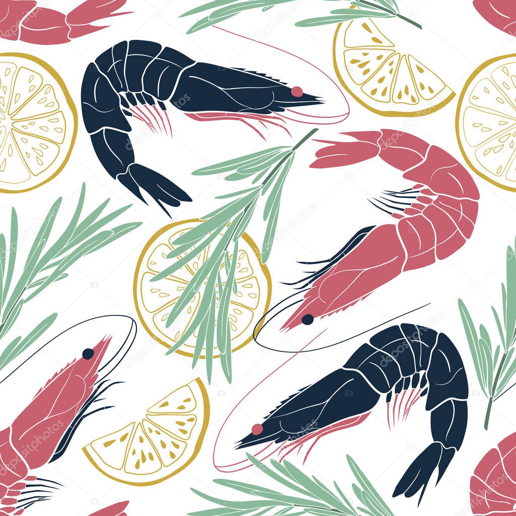 Marine seamless pattern with shrimps, slices of lemon and rosemary. Seafood vector illustration for menu,packaging, wrapping paper, banner, textile, flyer