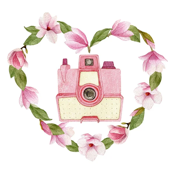 Watercolor vintage photo camera in magnolia heart isolated on wh
