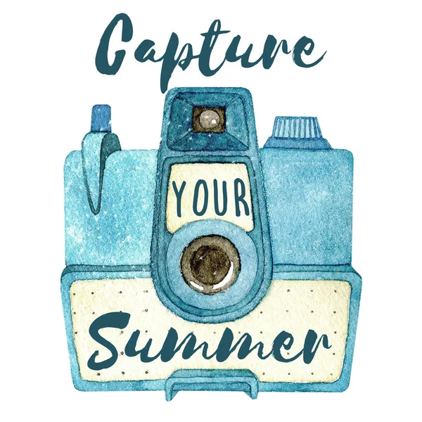 Fotocamera acquerello vintage con citazione isolata su sfondo bianco. Cattura la tua estate . — Foto Stock
