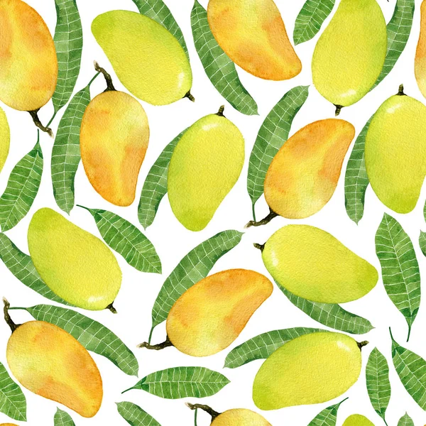 Watercolor seamless pattern with yellow mango fruits and leaves. — Stock Photo, Image
