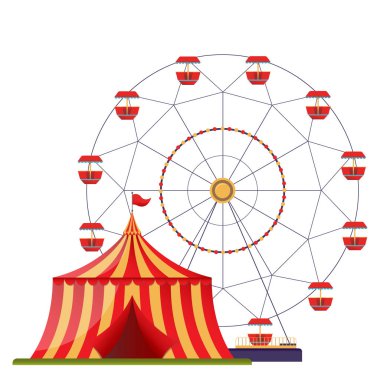 Dönme dolap ve sirk çadırı ile düz tasarım şablonu.