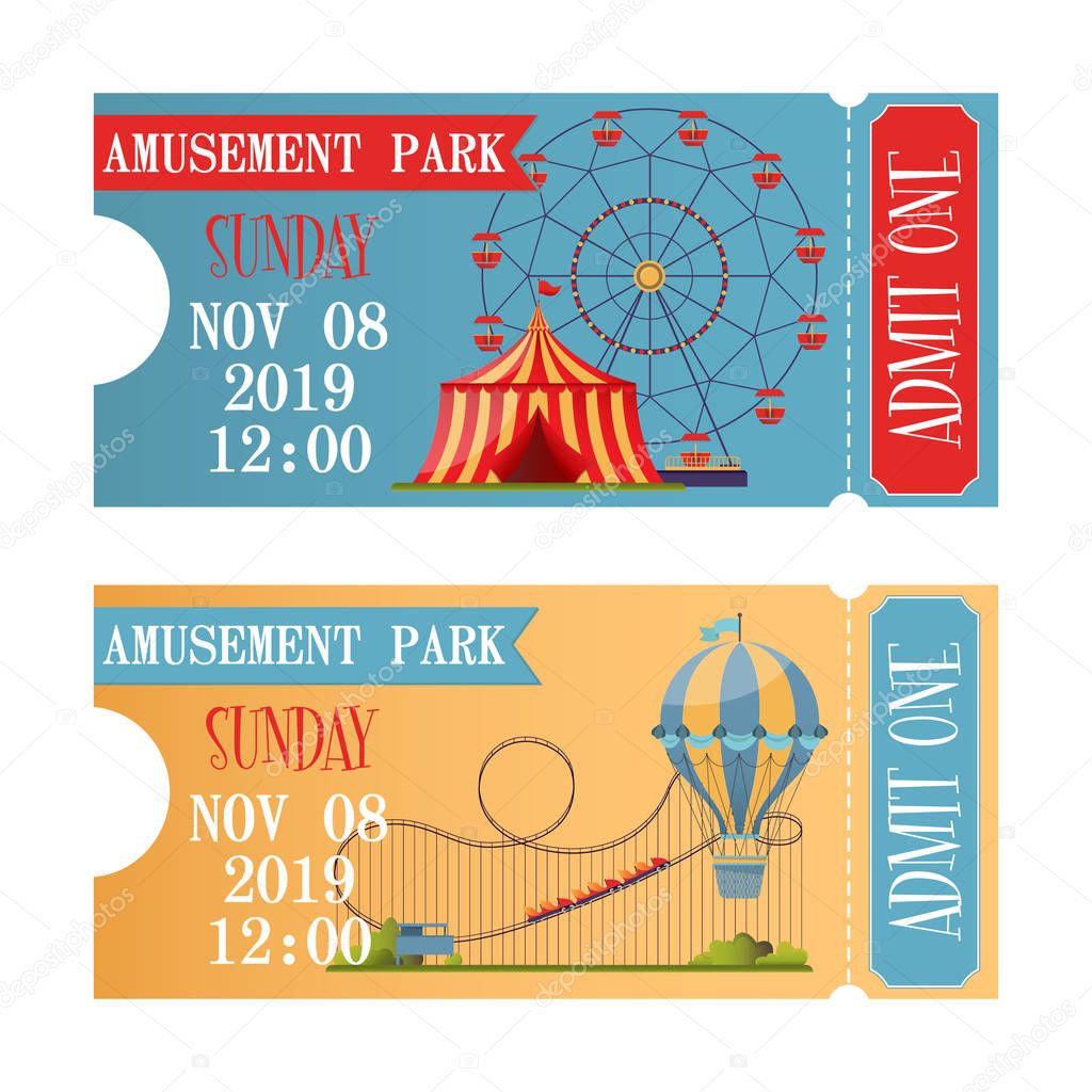 Amusement park tickets in flat design style.