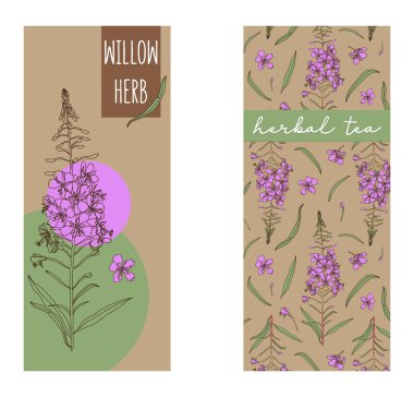 Vector set of herbal tea labels with willow herb. Packaging template. Healthy natural product, herbal tea. clipart