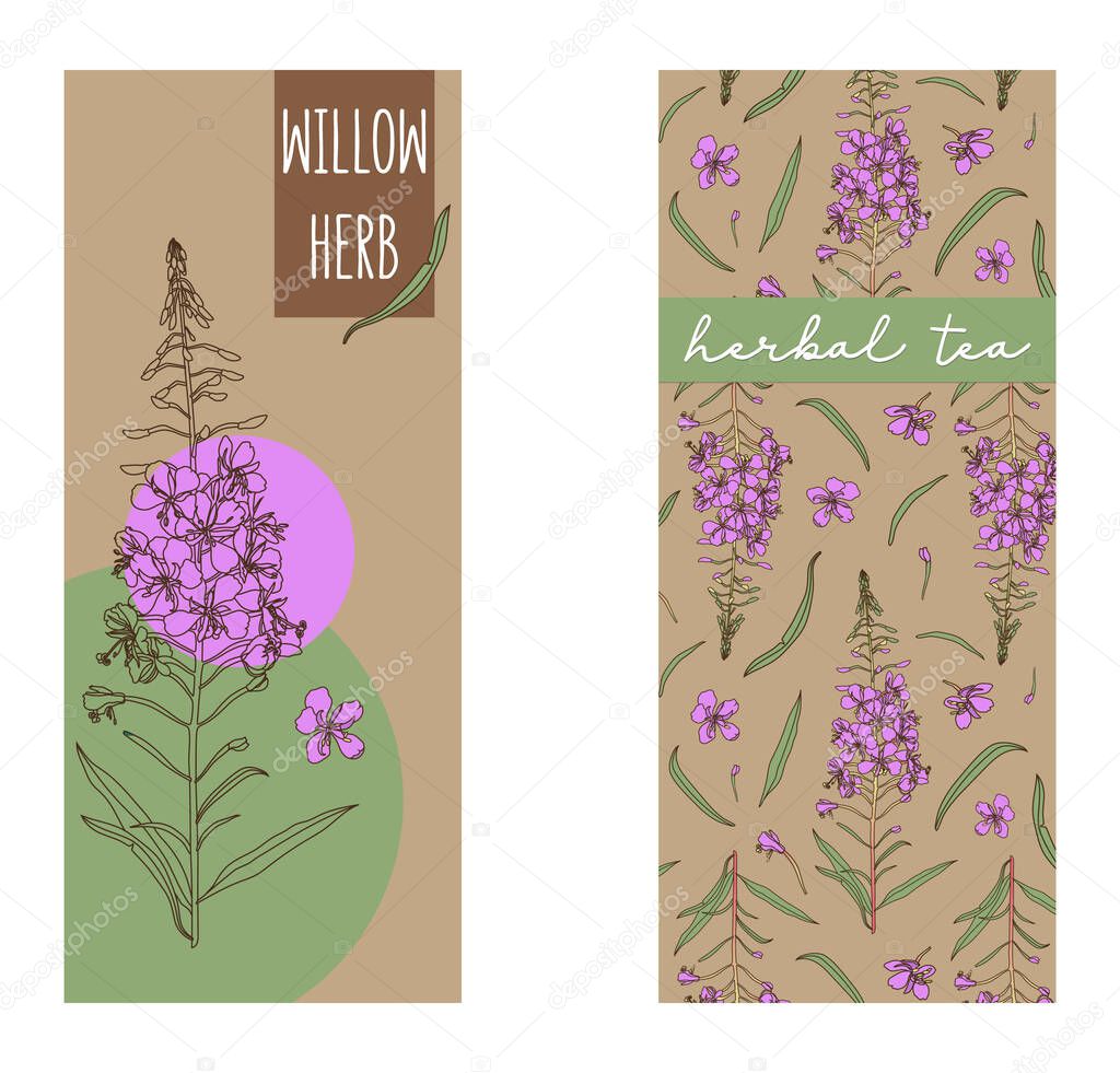 Vector set of herbal tea labels with willow herb. Packaging template. Healthy natural product, herbal tea.