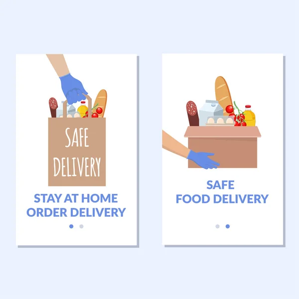 Safe delivery banner set. Vector food donation craft bag with different products in it. Delivery of the product during quarantine. — Stock Vector